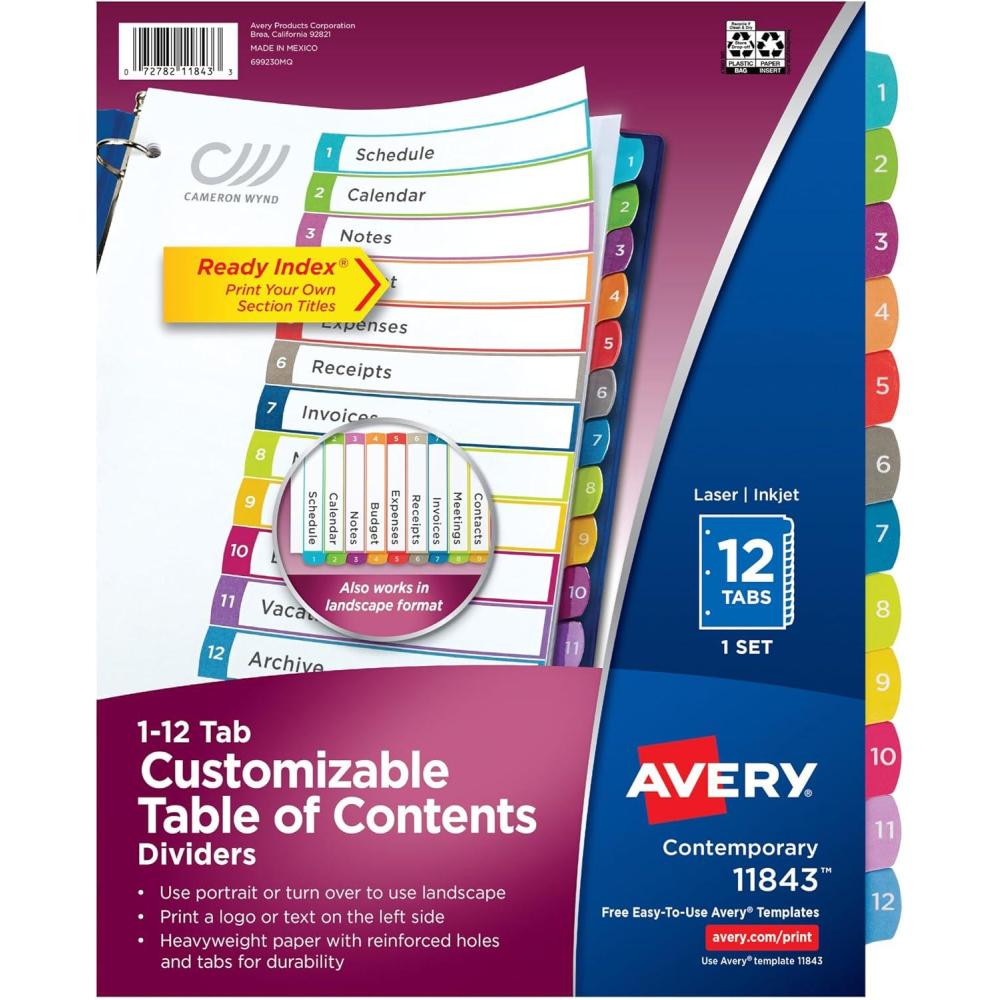 imageAvery Dividers for 3 Ring Binders 12 Tabs per Set Customizable Table of Contents Multicolor Arched Tabs Great for Organizing Reports Projects and More 1184324 pack