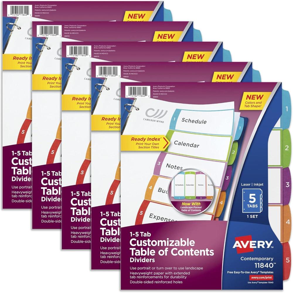 imageAvery Dividers for 3 Ring Binders 5 Tabs per Set Customizable Table of Contents Multicolor Arched Tabs Great for Organizing Reports Projects and More 11840