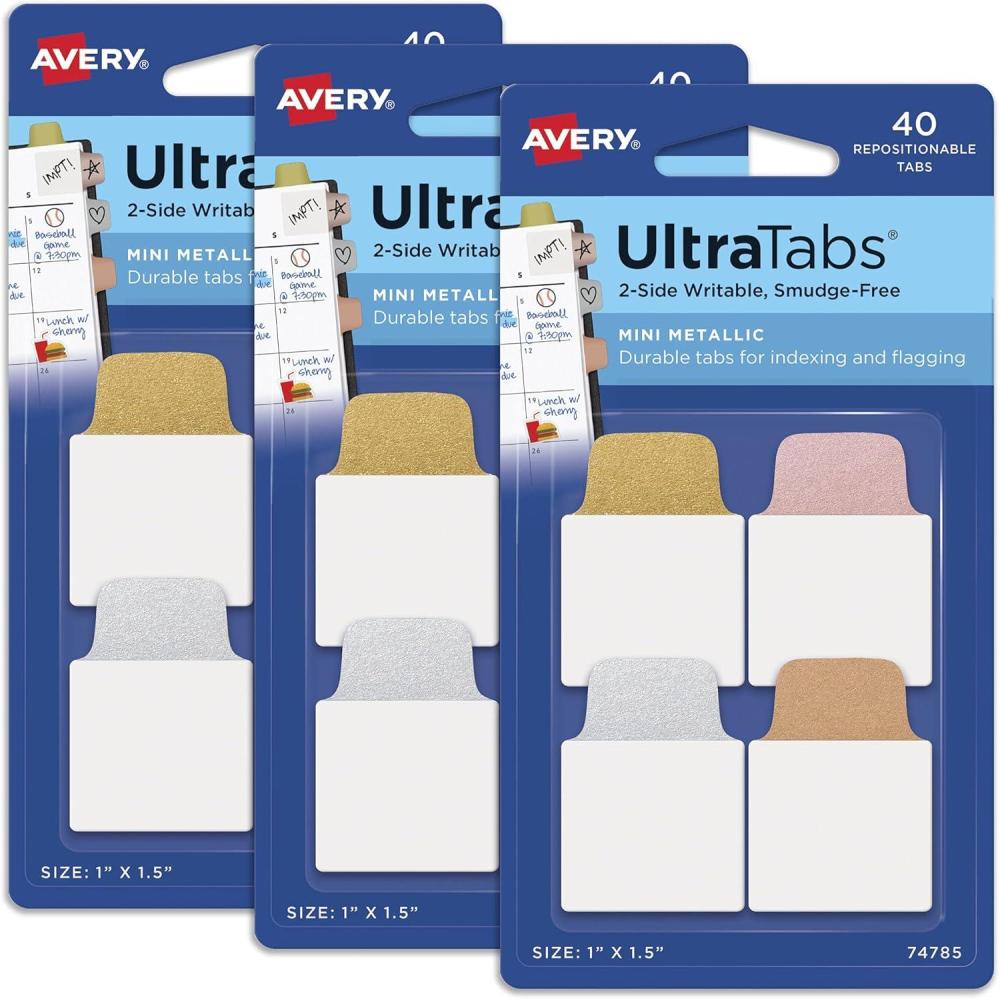 imageAvery Ultra Tabs Mini Tabs 1quot x 15quot 2Side Writable Assorted Pastel Colors Self Adhesive Repositionable 40 Per Pack 120 Total 3Pack of 74761Assorted Metallic