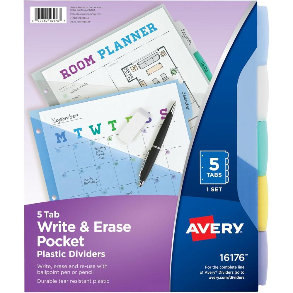 imageAvery Write ampamp Erase Pocket Plastic Dividers for 3 Ring Binders 5 Tab Set Works with Sheet Protectors Multicolor 1 Set 16176Multicolor