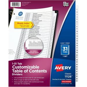 imageAvery 131 Dividers for 3 Ring Binders 31 Tabs per Set Customizable Table of Contents Classic White Tabs Great for Organizing Reports Projects and More 11128White
