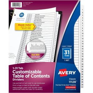 imageAvery 131 Dividers for 3 Ring Binders 31 Tabs per Set Customizable Table of Contents Classic White Tabs Great for Organizing Reports Projects and More 11128BlackWhite