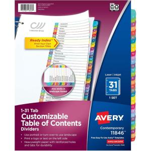 imageAvery 131 Dividers for 3 Ring Binders 31 Tabs per Set Customizable Table of Contents Multicolor Arched Tabs Great for Organizing Reports Projects and More 118461 Set
