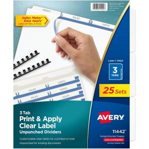 imageAvery 3Tab Unpunched Dividers for Use with Any Binding System Easy Print ampamp Apply Clear Label Strip Index Maker Customizable White Tabs 25 Sets 1144225 Sets