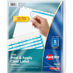 imageAvery 5 Tab Dividers for 3 Ring Binder Easy Print ampamp Apply Clear Label Strip Index Maker Customizable White Tabs 5 Sets 114365 sets