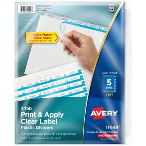 imageAvery 5 Tab Plastic Dividers for 3 Ring Binder Easy Print ampamp Apply Clear Label Strip Index Maker Customizable Multicolor Tabs 5 Sets 11452Frosted White