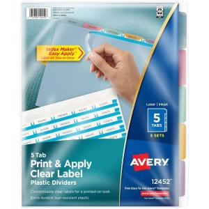 imageAvery 5 Tab Plastic Dividers for 3 Ring Binder Easy Print ampamp Apply Clear Label Strip Index Maker Customizable Multicolor Tabs 5 Sets 11452Multicolor