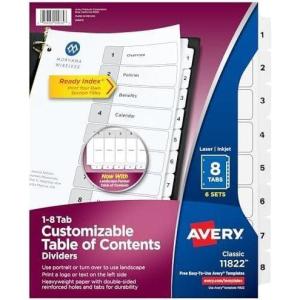 imageAvery 8 Tab Dividers for 3 Ring Binders Customizable Table of Contents Classic White Tabs 6 Sets 118228 Tab Pack of 10