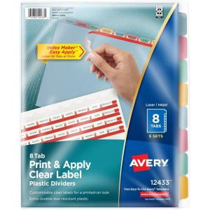 imageAvery 8 Tab Plastic Dividers for 3 Ring Binder Easy Print ampamp Apply Clear Label Strip Index Maker Customizable Frosted White Tabs 5 Sets 12450Multicolor