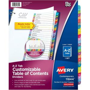 imageAvery AZ Dividers for 3 Ring Binders 26 Tabs per Set Customizable Table of Contents Multicolor Arched Tabs Great for Organizing Reports Projects and More 11844