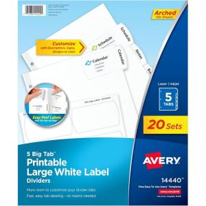 imageAvery Big Tab Printable Large White Label Dividers 5Tab with Easy Peel Labels Dividers for 3 Ring Binders 20 Sets 14440One Size Pack of 120