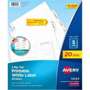 imageAvery Big Tab Printable White Label Dividers 5Tab with Easy Peel Labels Dividers for 3 Ring Binders 20 Sets 14434One Size Pack of 120