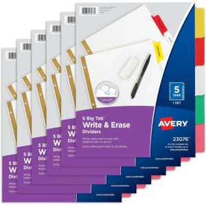 imageAvery Big Tab Write ampamp Erase Dividers for 3 Ring Binders 5Tab Set Multicolor Divider Tabs Great for Organizing Projects Reports Finances and More 6Pack of 230766 Sets