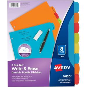 imageAvery Big Tab Write ampamp Erase Durable Plastic Dividers 8Tab Set Multicolor Brights 3 Sets 212108 tab