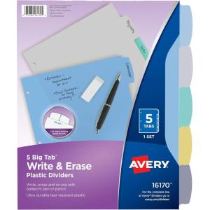 imageAvery Big Tab Write ampamp Erase Durable Plastic Dividers for 3 Ring Binders 5Tab Set Pastel Multicolor 1 Set 16170