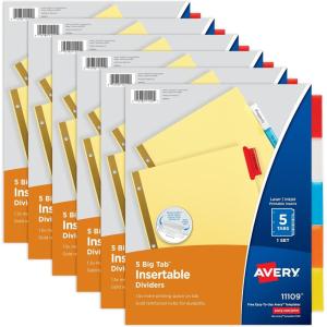 imageAvery Binder Dividers  5Tab Insertable Multicolor Big Tabs for Binders 6 Sets of Dividers 1110948Pack