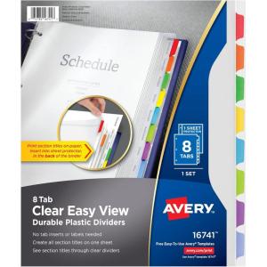 imageAvery Clear Easy View Durable Plastic Dividers for 3 Ring Binders 8Tab Set Bright Multicolor 1 Set 16741Dividers