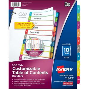 imageAvery Dividers for 3 Ring Binders 10 Tabs per Set Customizable Table of Contents Multicolor Arched Tabs Great for Organizing Reports Projects and More 11842Dividers Pack of 36