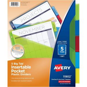 imageAvery Dividers for 3 Ring Binders 5 Tab Plastic Binder Dividers Pockets Insertable Big Tabs Multicolor Extend Beyond Sheet Protectors 1 Set 11902Dividers