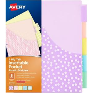 imageAvery Dividers for 3 Ring Binders 5 Tab Plastic Binder Dividers Pockets Insertable Big Tabs Pastel Classic Designs Extend Beyond Sheet Protectors 3 Sets 112555 tab