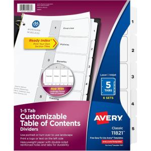 imageAvery Dividers for 3 Ring Binders 5 Tabs per Set Customizable Table of Contents Classic White Tabs Great for Organizing Reports Projects and More 6 Sets of 11821One Size Pack of 12