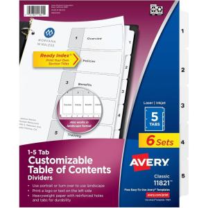 imageAvery Dividers for 3 Ring Binders 5 Tabs per Set Customizable Table of Contents Classic White Tabs Great for Organizing Reports Projects and More 6 Sets of 11821One Size