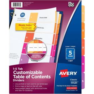 imageAvery Dividers for 3 Ring Binders 5 Tabs per Set Customizable Table of Contents Multicolor Tabs Great for Organizing HighVolume Reports Projects and More 24 Sets of 111675 tabs