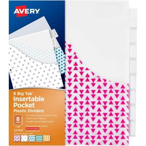 imageAvery Dividers for 3 Ring Binders 8 Tab Plastic Binder Dividers Pockets Insertable Big Tabs Vibrant Geometric Patterns Extend Beyond Sheet Protectors 1 Set 077098 Count Pack of 1