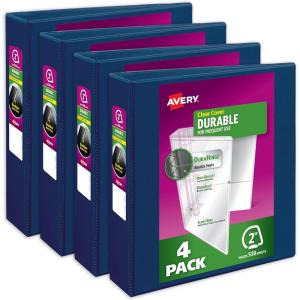 imageAvery Durable View 3 Ring Binders 2 Inch Slant Rings 530Sheet Capacity DuraHinge 28 Inch Wide Spine Customizable Clear Covers and Spine Dark Blue Binders 4Pack of 17034Dark Blue