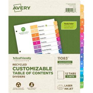 imageAvery EcoFriendly Recycled Dividers for 3 Ring Binders 12 Tabs per Set Customizable Table of Contents Multicolor Tabs Great for Organizing Reports Projects and More 3 Sets of 11083Pack of 8