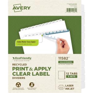 imageAvery EcoFriendly Recycled Dividers for 3 Ring Binders 12Tab White Tabs Index Maker Print and Apply Clear Label Strip 5 Sets for 60 Binder Dividers Total 11582One Size Pack of 6