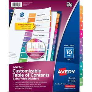 imageAvery ExtraWide Dividers for 3 Ring Binders 10 Tabs per Set Customizable Table of Contents Multicolor Tabs Works Great with Sheet Protectors 11165914 x 11 inches