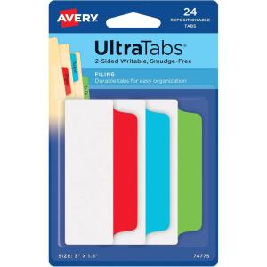 imageAvery Filing Ultra Tabs 3quot x 15quot 2Side Writable RedBlueGreen 24 Repositionable File Tabs 74775Assorted