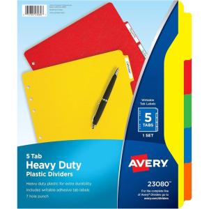 imageAvery HeavyDuty Plastic Dividers for 3 Ring Binders and 7 Ring Binders 5Tab Set Multicolor with White Labels 1 Set 23080