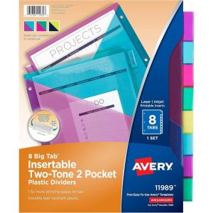 imageAvery Insertable Plastic Dividers for 3 Ring Binders 8 Tabs per Set Big Tabs Two Pockets TwoTone Multicolor Binder Dividers Works with Sheet Protectors 11989Plastic Dividers Pack of 24