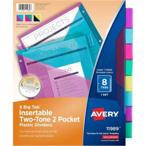 imageAvery Insertable Plastic Dividers for 3 Ring Binders 8 Tabs per Set Big Tabs Two Pockets TwoTone Multicolor Binder Dividers Works with Sheet Protectors 11989Plastic Dividers