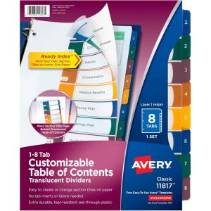 imageAvery Plastic 8 Tab Binder Dividers Customizable Table of Contents Multicolor Tabs 1 Set 11817