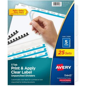 imageAvery Print ampamp Apply Clear Label Unpunched Dividers Index Maker Easy Apply Printable Label Strip 5 White Tabs 25 Sets Case Pack of 6 11433