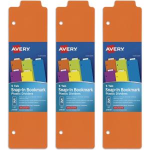 imageAvery Snapin Bookmark Plastic Dividers for 3 Ring Binders 5Tab Set Multicolor with White Labels 1 Set 249083 Packs