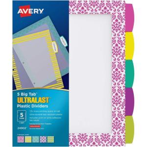 imageAvery Ultralast Big Tab Plastic Dividers 5 Tabs 1 Set Assorted Designs 24902Assorted