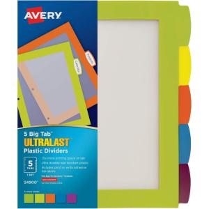 imageAvery Ultralast Big Tab Plastic Dividers 5 Tabs 1 Set Assorted Designs 24902Multicolor
