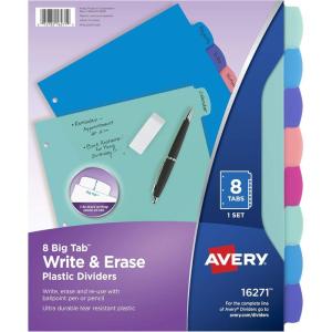imageAvery Write ampamp Erase Dividers for 3 Ring Binders 8 Tabs per Set Multicolor Big Tabs Pastels Binder Dividers Great for Organizing Reports Projects and More 162718 tab