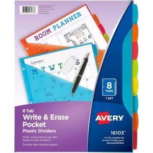imageAvery Write ampamp Erase Pocket Plastic Dividers for 3 Ring Binders 8Tab Sets Multicolor Tabs Viewable Beyond Sheet Protectors 1 Set 16177Brights