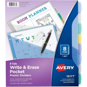 imageAvery Write ampamp Erase Pocket Plastic Dividers for 3 Ring Binders 8Tab Sets Multicolor Tabs Viewable Beyond Sheet Protectors 1 Set 16177Multicolor