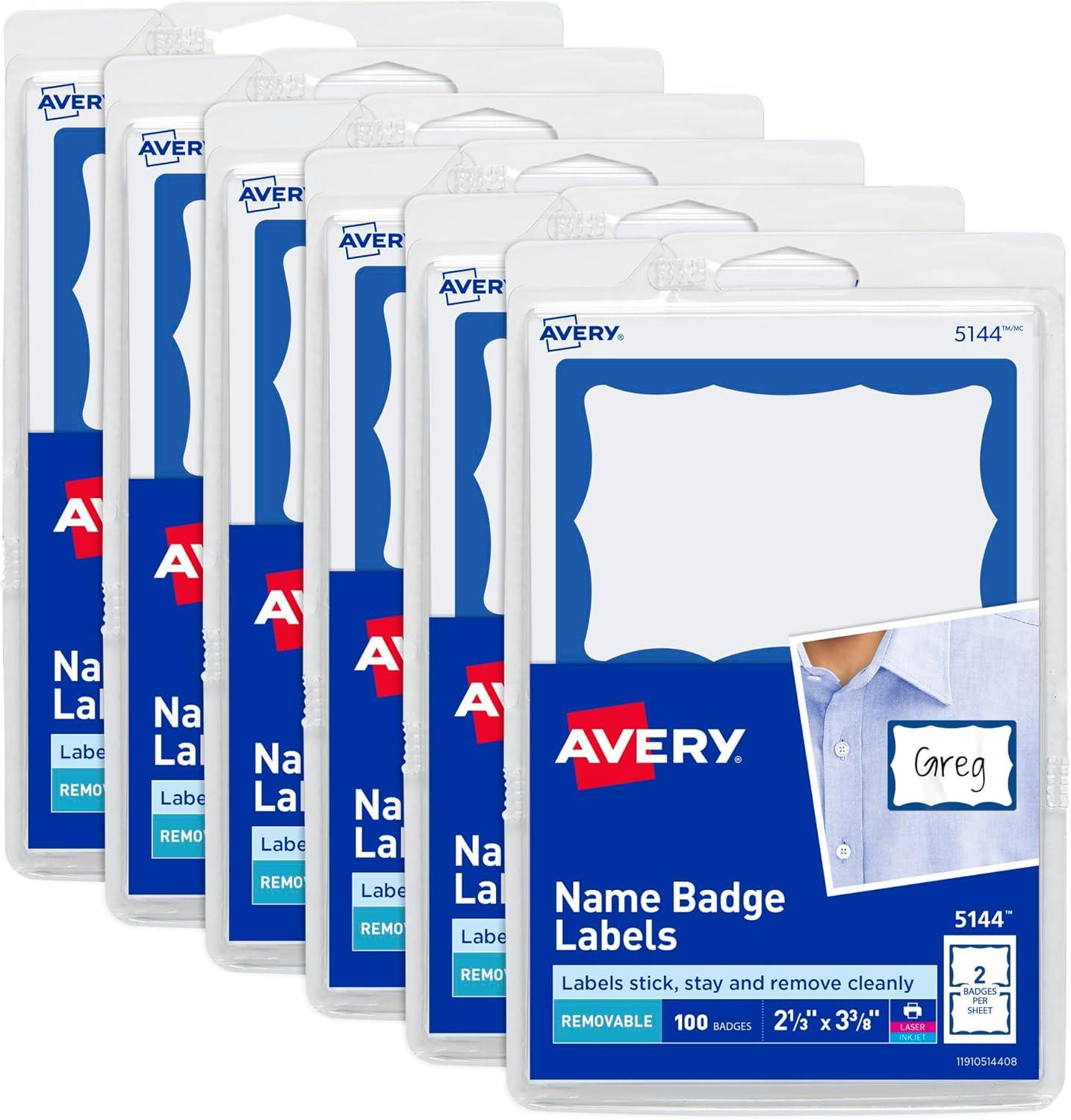 imageAvery Customizable Name Tags 213quot x 338quot White with Blue Border 6 Packs of 100 600 Removable Name Badges Total 44144Blue Border