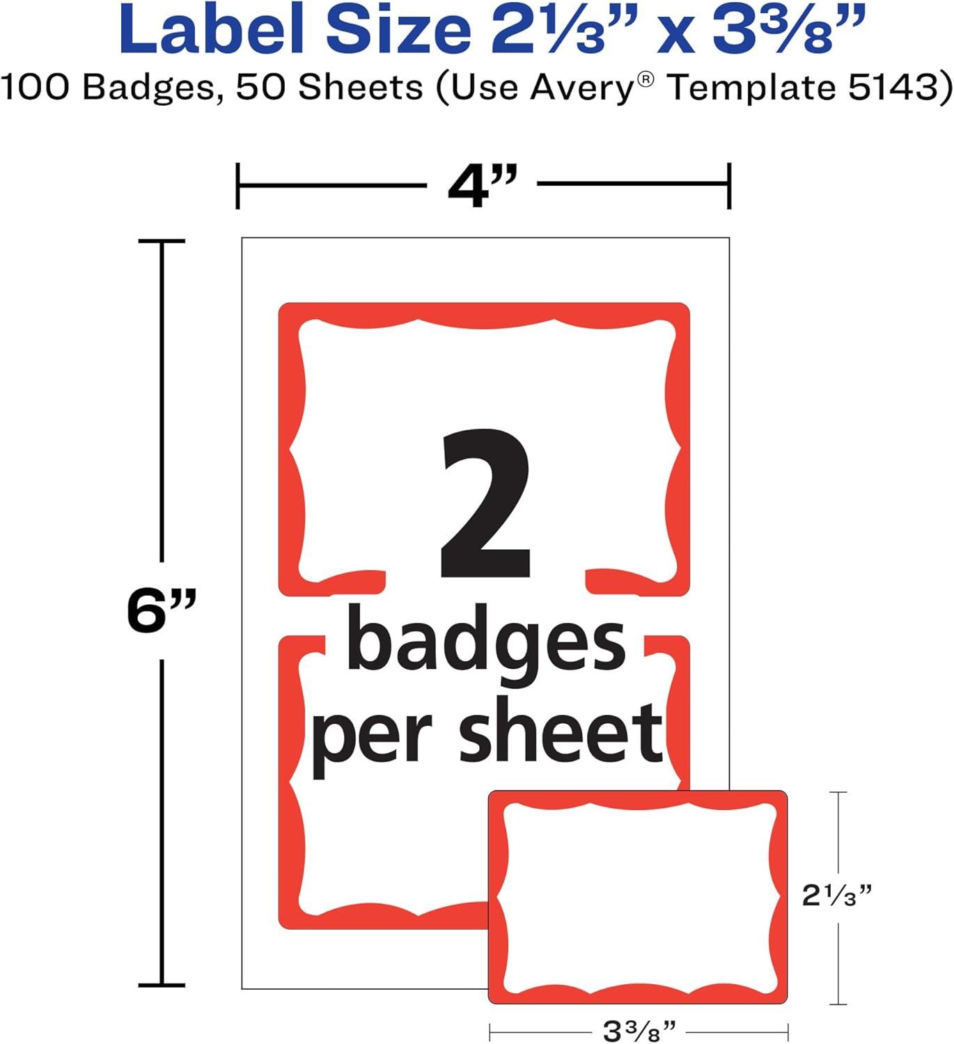 imageAvery Customizable Name Tags 213quot x 338quot White with Blue Border 6 Packs of 100 600 Removable Name Badges Total 44144Red