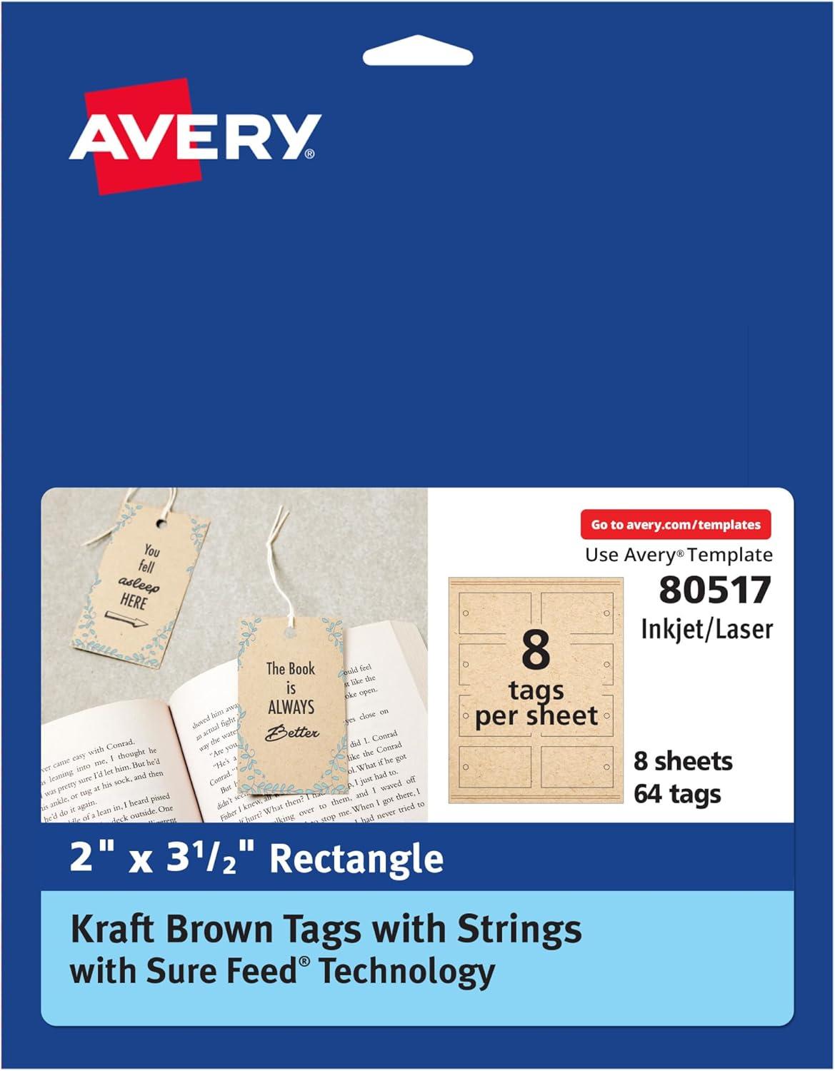 imageAvery Tags with Metallic Gold Borders and Strings 2quot x 35quot 40 Total LaserInkjet Printable Tags 3326Kraft Brown