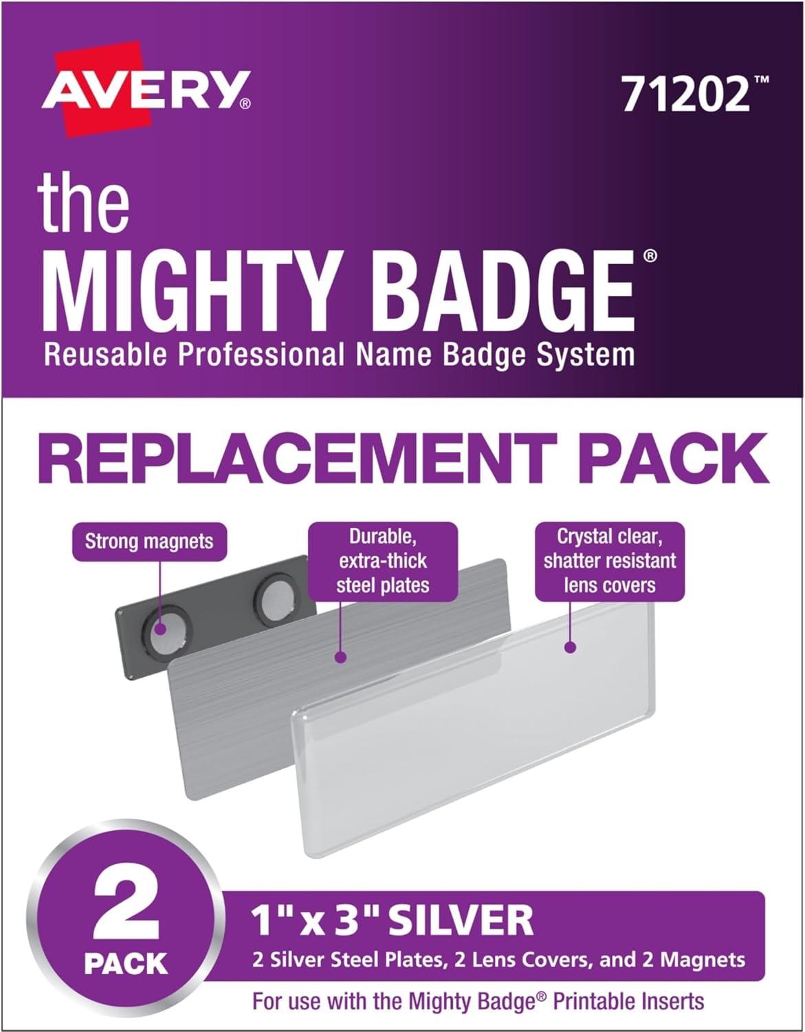 imageThe Mighty Badge by Avery 1quot x 3quot Silver Name Badge Replacement Pack 2 Name Tags 71202
