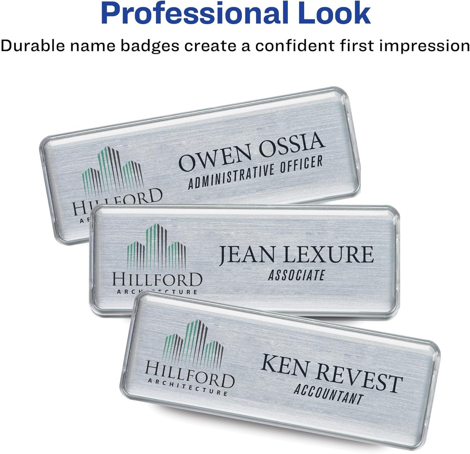imageThe Mighty Badge by Avery 1quot x 3quot Silver Name Tags 4 ID Badges 32 Inserts for Inkjet Printers 7120110 Badges
