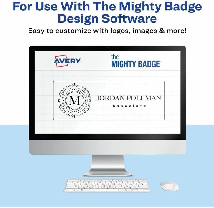 imageThe Mighty Badge by Avery 1quot x 3quot Silver Name Tags 4 ID Badges 32 Inserts for Inkjet Printers 712014 Badges